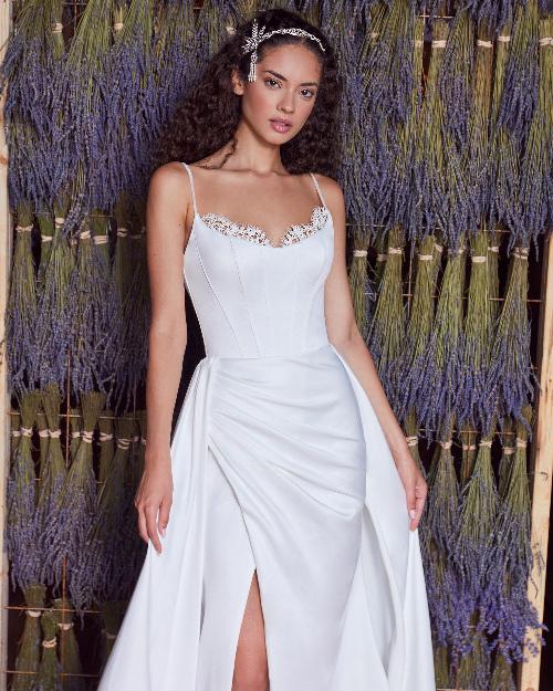 La24121 simple satin wedding dress with slit and spaghetti straps1